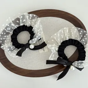 Set of two French vintage polka dot mesh scrunchies with ribbon bows and faux pearls