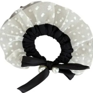 French vintage polka dot mesh scrunchie with satin bow and pearl accents for women