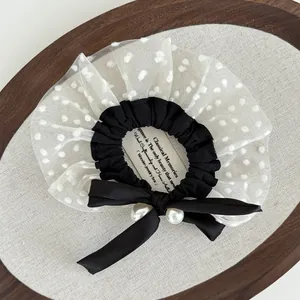 French vintage hair tie with black satin bow, polka dot mesh lace and pearl accents