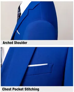 Detail van een koningsblauw slim-fit kostuum met gebogen schouder en borstzak