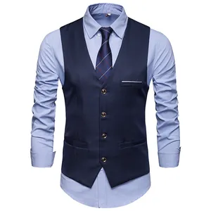 Slim fit navy plaid suit vest with light blue shirt and tie for formal business style
