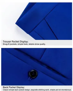 Detail van de donkerblauwe pantalon met achterzak met knoop en een verfijnde twill-weefsel textuur