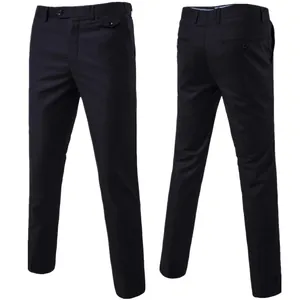 Men's black straight-leg trousers showing front waist design and back pockets