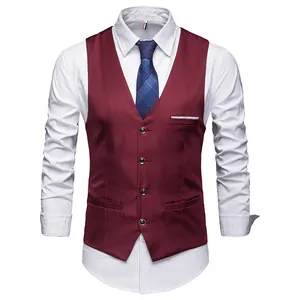 Slim fit burgundy plaid vest for men with single-breasted buttons and white shirt