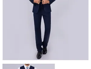 Detail van een marineblauw driedelig herenkostuum met single-breasted jasje en strak vest
