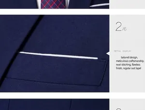 Detail van de borstzak van het donkerblauwe pak met witte contraststiksels en twill-textuur