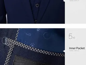 Detail van marineblauw pak met vintage knoop en binnenvoering met Paisley-patroon