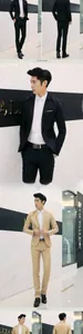 Detail view of slim fit suits in black and khaki with notch lapel and single breasted buttons