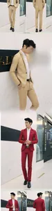 Detailed view of slim fit two-piece suits in khaki and wine red with single button jacket