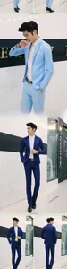 Detail shot of slim fit light blue and navy suits with one-button blazer and trousers