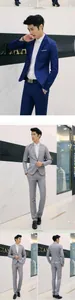 Detail view of slim fit suits in navy blue and light grey with single-button closure