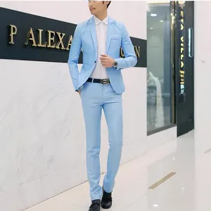 Slim fit light blue men's suit with single breasted blazer and matching trousers