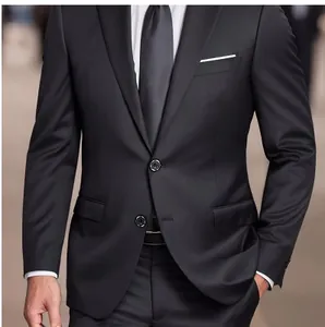 Zwart slim-fit herenkostuum jasje met inkeping revers en wit pochet voor bruiloften