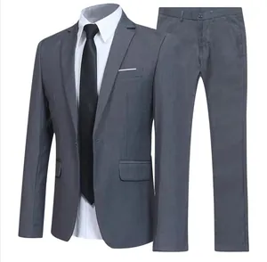 Men's grey business suit set with textured blazer and matching dress trousers