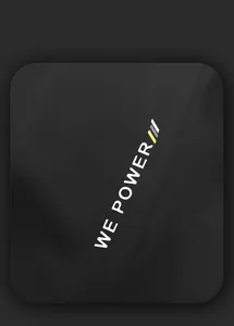 Close-up of matte black water-resistant chest bag with WEPOWER branding and yellow stripes