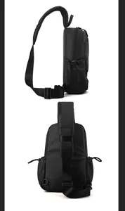 Detailed views of the breathable mesh back and adjustable strap on the black crossbody bag