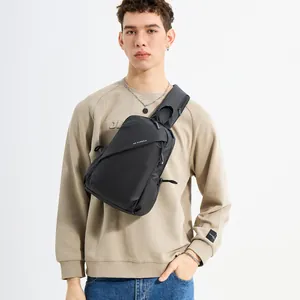 Waterproof black crossbody chest bag for men with sleek matte finish and letter print