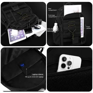 Multi-functional black nylon tactical backpack with compartments for 15.6 inch laptop