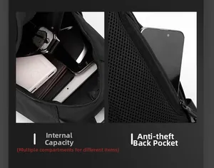 Detail view of multi-compartment interior storage and anti-theft back pocket for chest bag