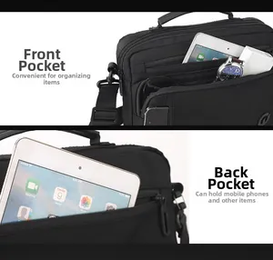 Detail view of multi-pocket black nylon messenger bag with storage for gadgets
