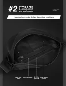Vue détaillée des compartiments internes et des poches zippées du sac bandoulière en nylon noir