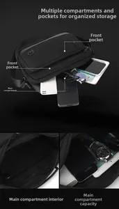 Detail view of large capacity black crossbody bag with multiple compartments and internal storage