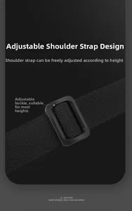 Close-up of adjustable nylon shoulder strap with a black plastic buckle on a crossbody bag