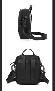 Macro view of black nylon shoulder bag showing double zippers and tactical webbing system