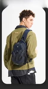 Detail of smart storage space on navy nylon sling bag with reflective safety strip