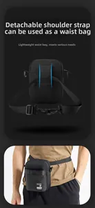 Detail of detachable shoulder strap and rear belt loop for multi-way crossbody waist bag