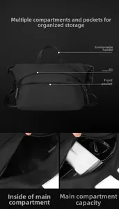 Detail view of multi-compartment interior for black crossbody bag with functional pockets