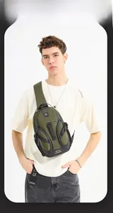 Detail of army green nylon crossbody chest bag showing adjustable buckle and smart storage zippers
