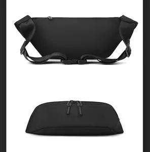 Détails d'une sacoche noire en nylon imperméable avec fermeture éclair et boucle réglable de sécurité