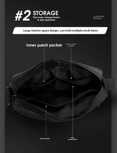 Detailed interior of black crossbody bag showing multiple compartments and storage layers