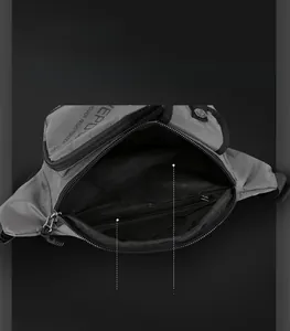 Detailed interior of grey waterproof chest bag showing main compartment and zipper pocket