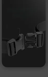 Detail of durable black plastic buckle with logo on adjustable nylon shoulder strap