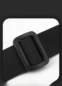 Close-up of durable plastic buckle and nylon webbing on men's casual shoulder bag