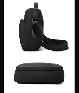 Side and bottom view of durable black nylon men shoulder bag showing zippers and structure