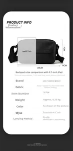 Waterproof oxford fabric crossbody bag showing 28x17x9cm dimensions and iPad compatibility