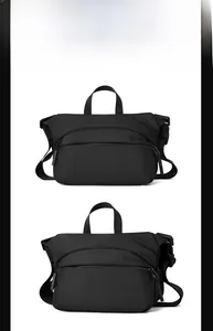 Dual view of black nylon messenger bag highlighting texture and adjustable strap