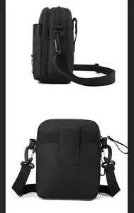 Detail view of black nylon sport bag showing side pockets and wide back belt loop structure