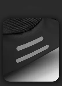 Detail of waterproof fabric on black backpack with dual grey reflective safety strips