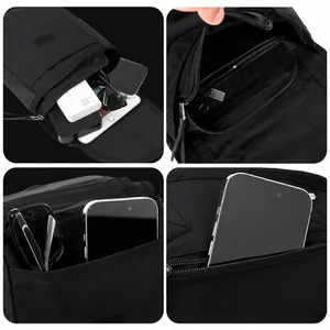 Black tactical waist bag for men with multi-layered internal storage and zipper pocket