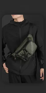 Detail view of water-resistant green nylon chest bag showing smart storage layers