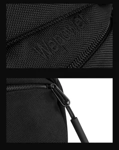 Close-up of WEIBIN brand embroidery and textured nylon zipper details on the black sling bag
