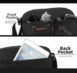 Detail showing high-density nylon crossbody bag with multiple zippered storage pockets