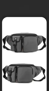 Detail of grey water-resistant chest bag with adjustable buckle strap and pockets