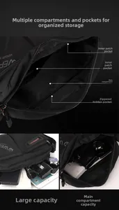 Internal view of a black nylon shoulder bag showing spacious pockets for electronics