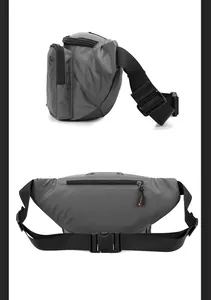 Detail view of water-resistant gray waist bag featuring multi-pocket design and strap