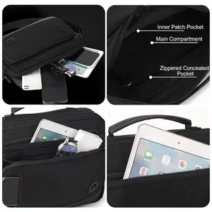 Men's large capacity black nylon crossbody bag with multi-compartment interior storage